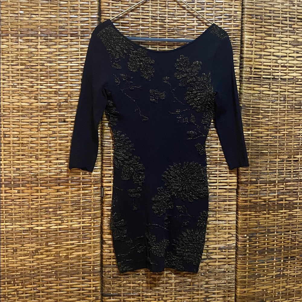 EUC Guess by Marciano black gold floral body-con dress XS